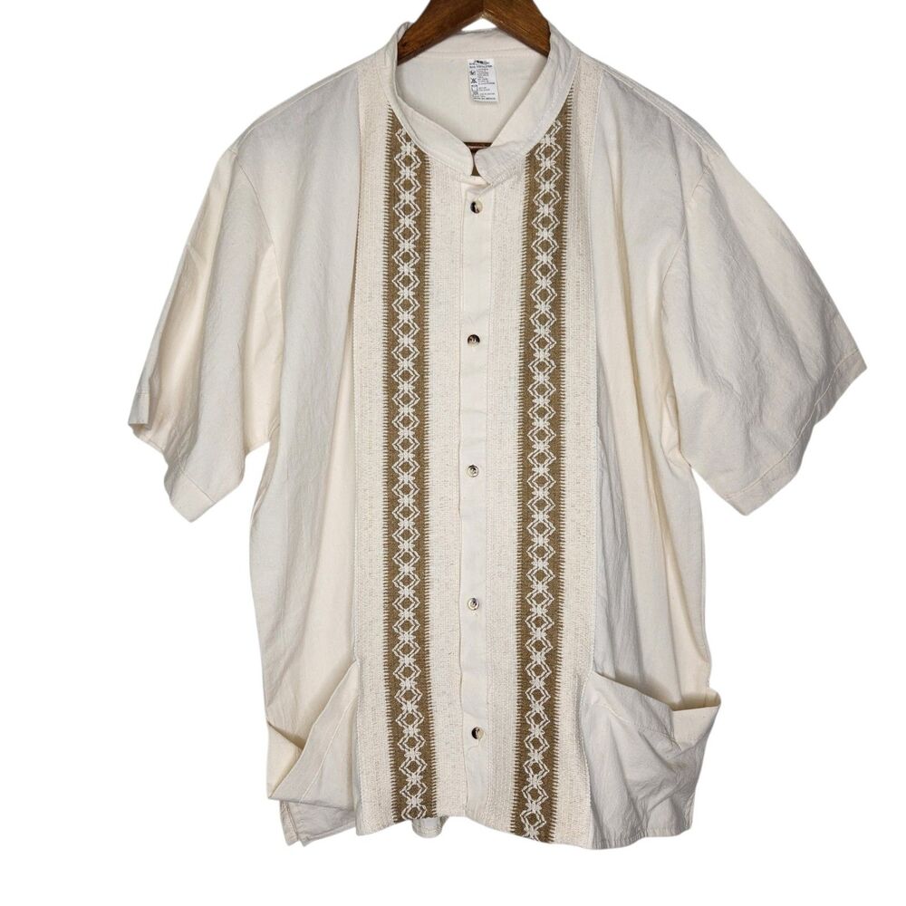 Mexican Guayabera Embroidered Buttons Beige SS Shirt Festival Beach Mens EG (XL)